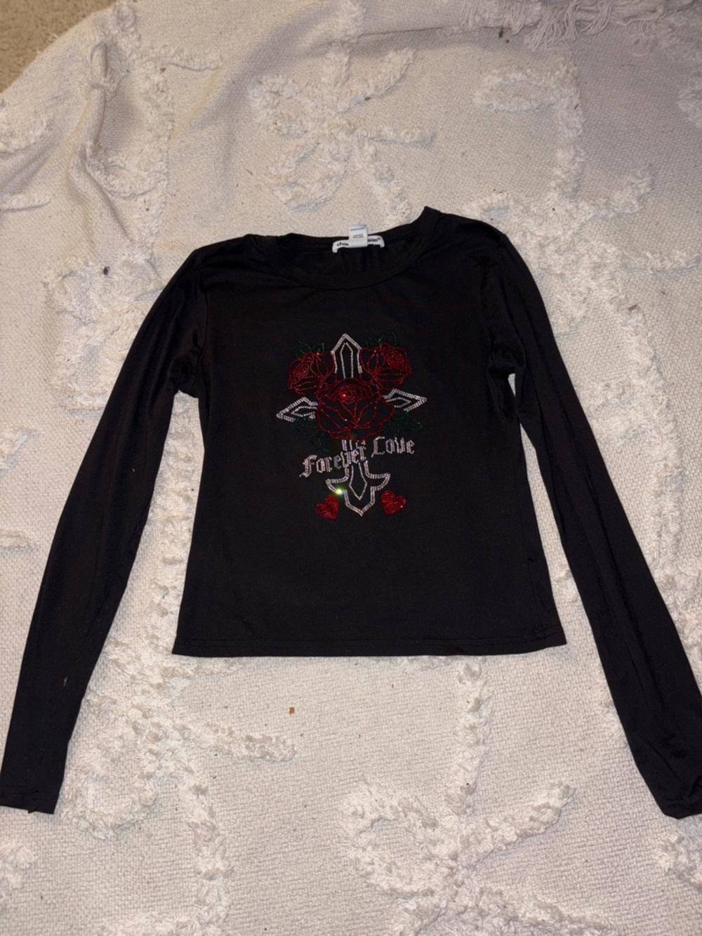 Charlotte Russe Black Long-Sleeve Graphic Top with Red Rose Accent